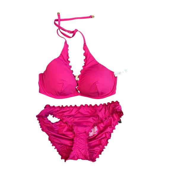 NWT $85 Victorias Secret Sz M 36D Berry Blush Lettuce Trim Cheeky Ruched Bikini - Picture 2 of 9